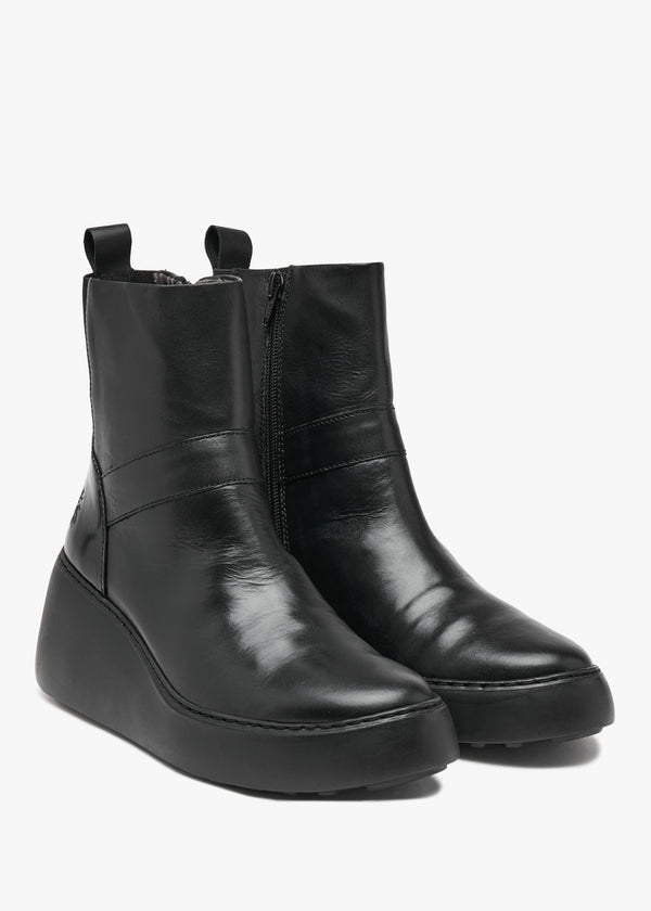 Doxe Black Leather & Patent Wedge Ankle Boots