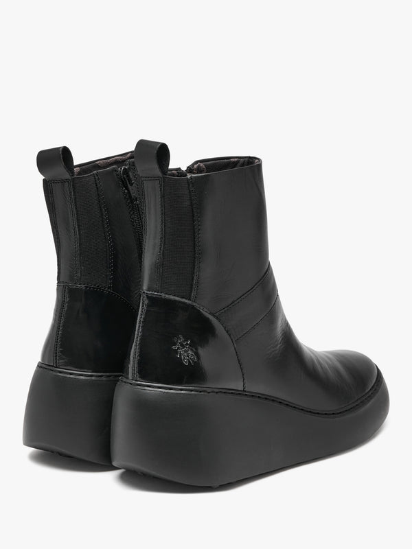 Doxe Black Leather & Patent Wedge Ankle Boots