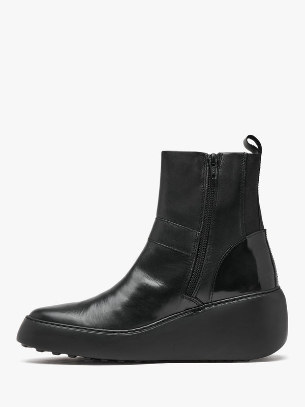 Doxe Black Leather & Patent Wedge Ankle Boots