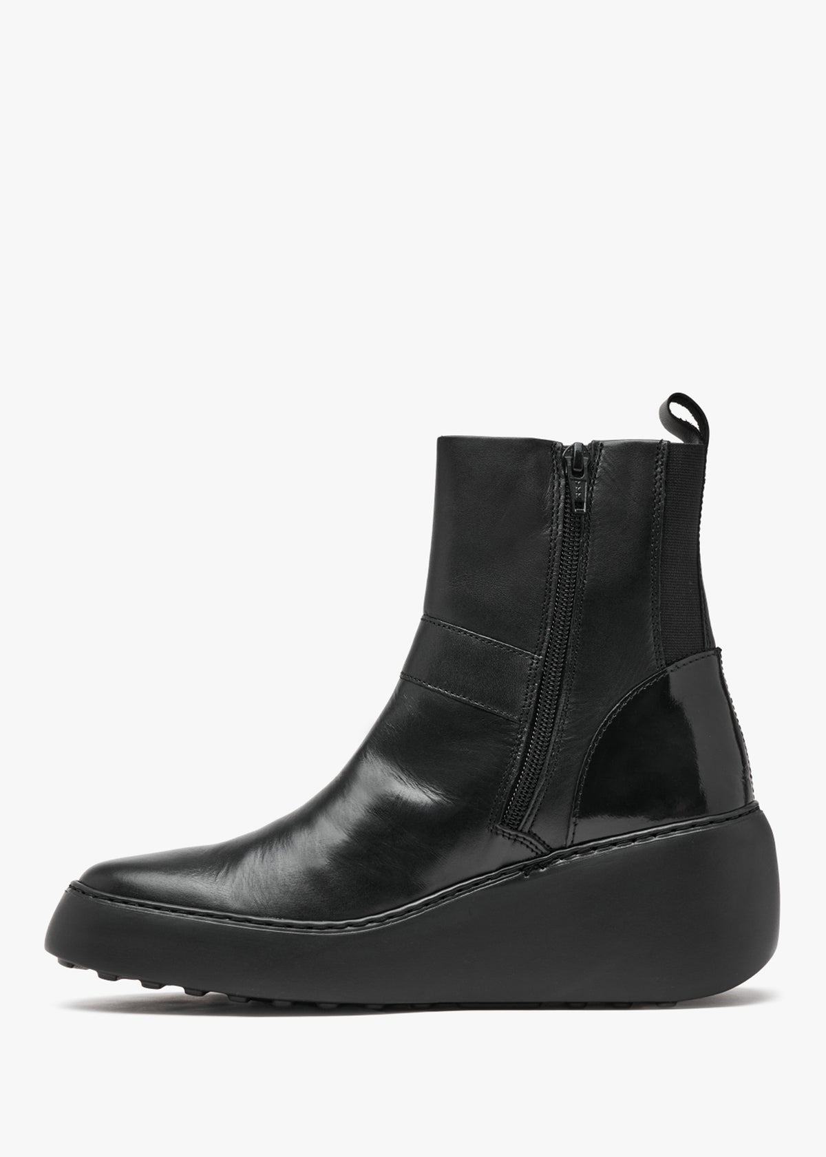Doxe Black Leather & Patent Wedge Ankle Boots