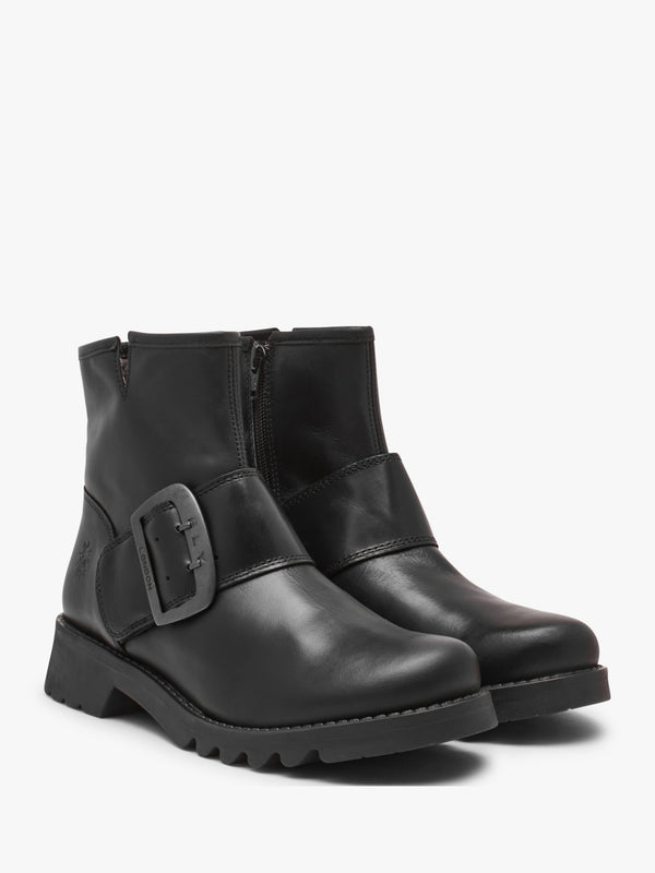 Rily Black Leather Buckle Ankle Boots