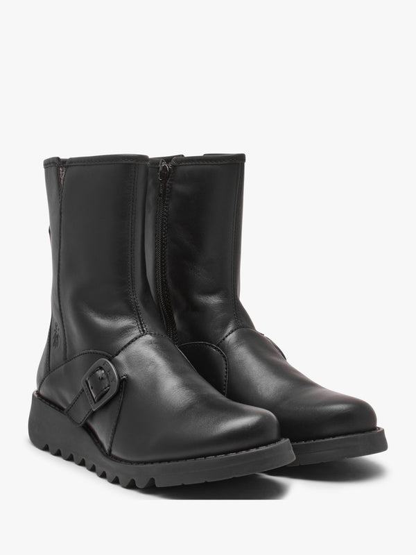 Sabe Black Leather Low Wedge Ankle Boots