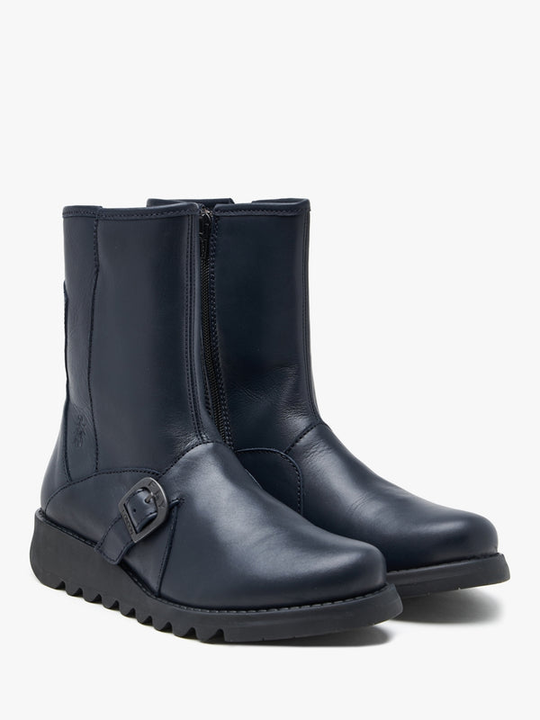 Sabe Navy Leather Low Wedge Ankle Boots