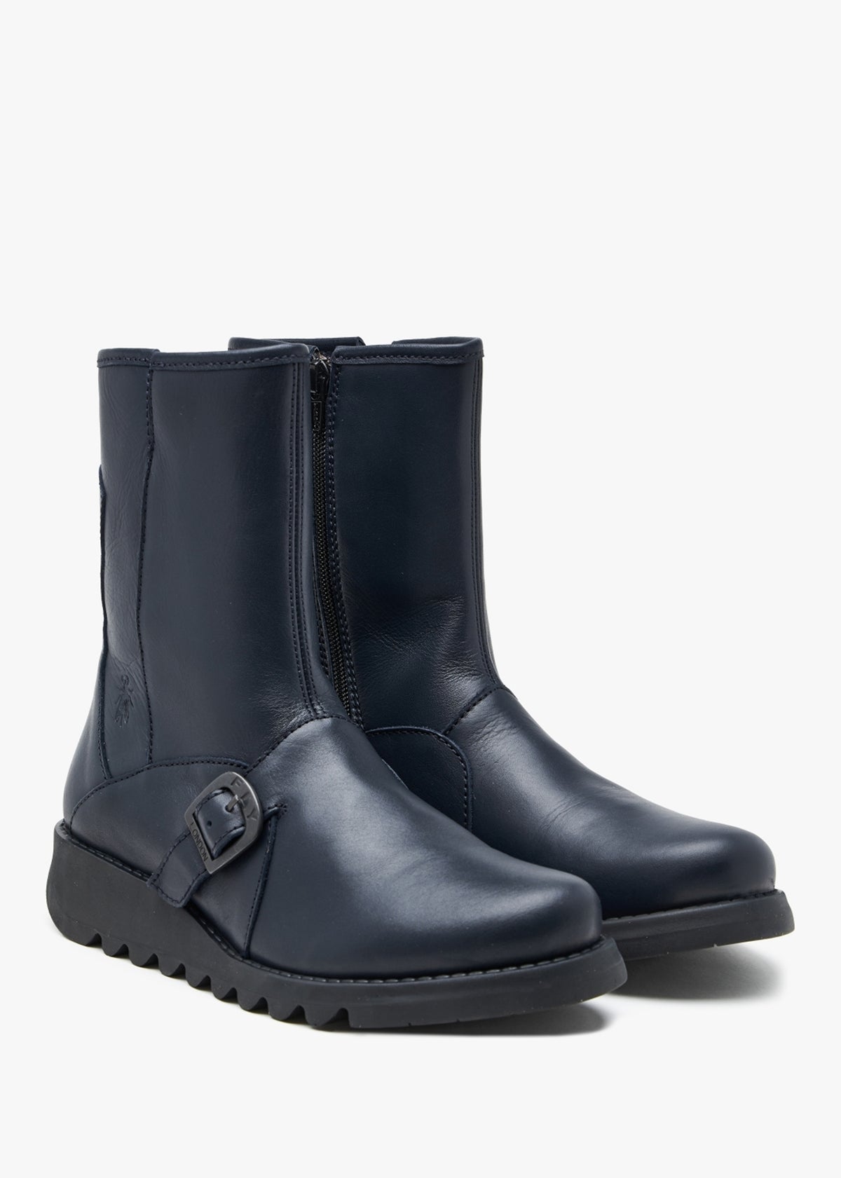 Sabe Navy Leather Low Wedge Ankle Boots