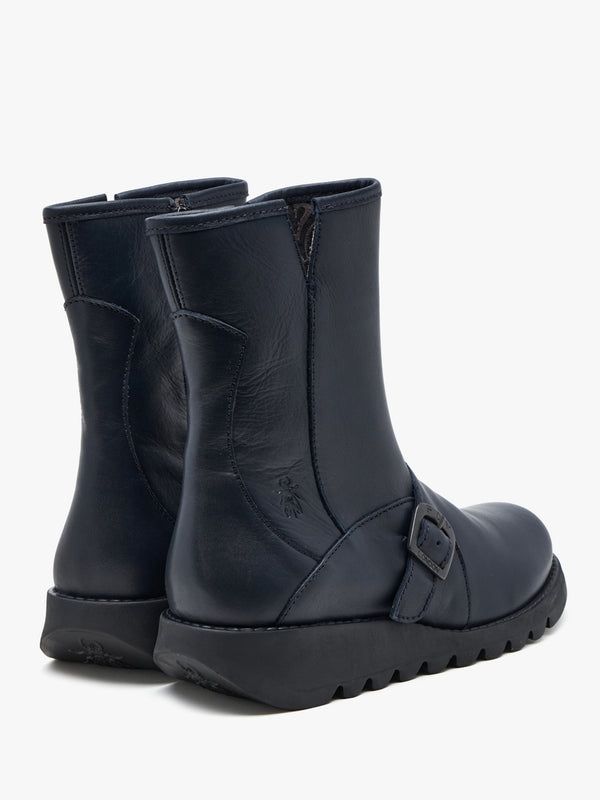 Sabe Navy Leather Low Wedge Ankle Boots