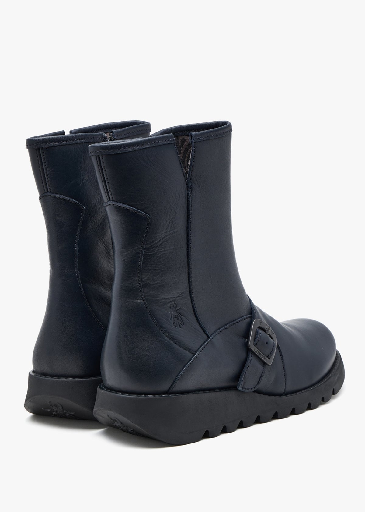 Sabe Navy Leather Low Wedge Ankle Boots