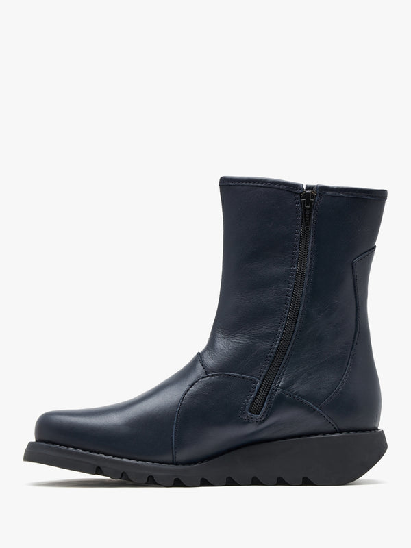 Sabe Navy Leather Low Wedge Ankle Boots
