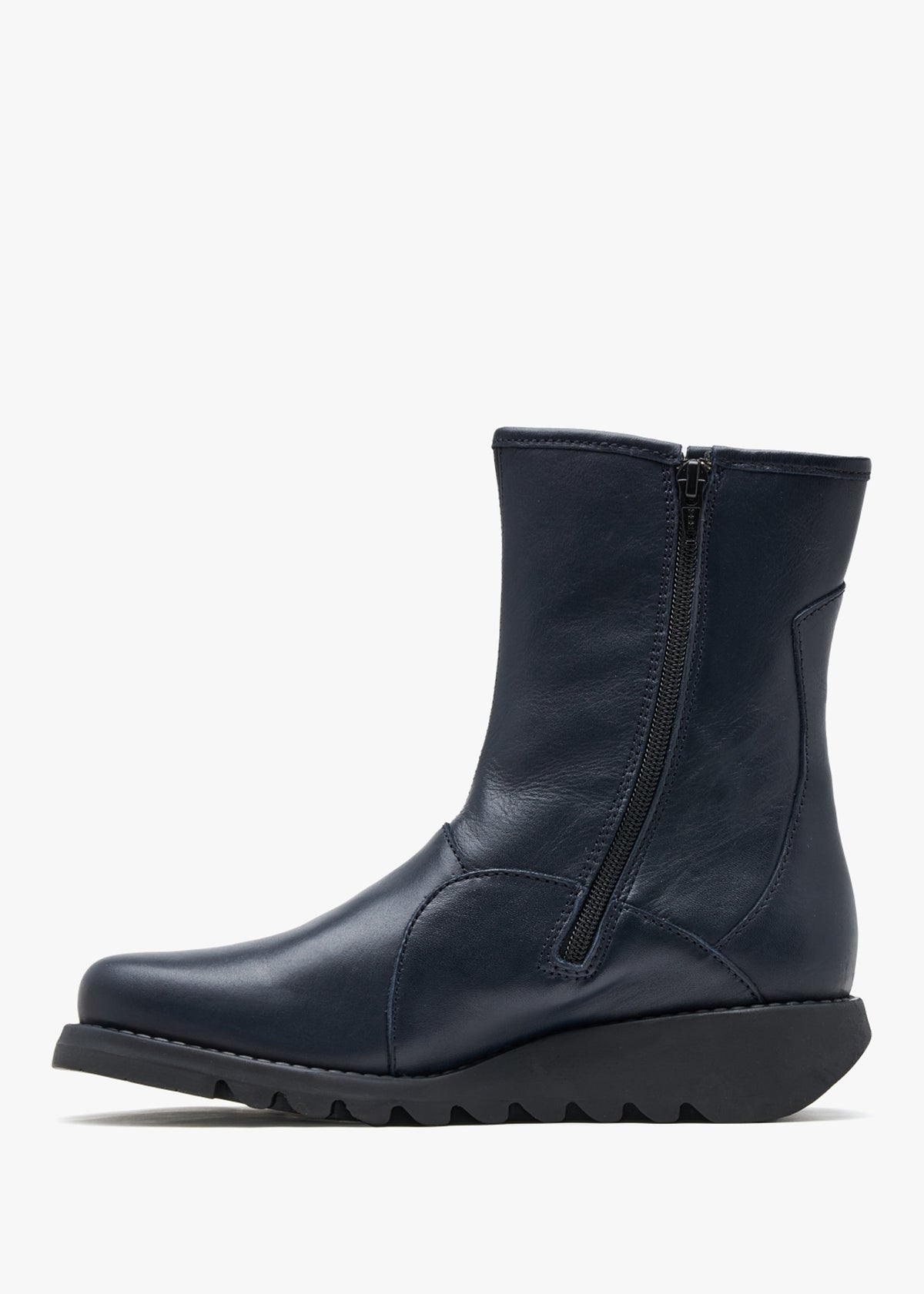 Sabe Navy Leather Low Wedge Ankle Boots