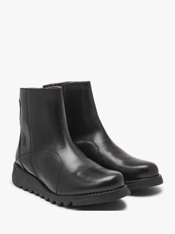 Sagu Black Leather Low Wedge Ankle Boots