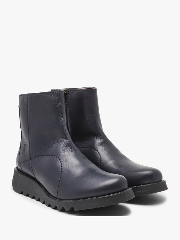 Sagu Navy Leather Low Wedge Ankle Boots