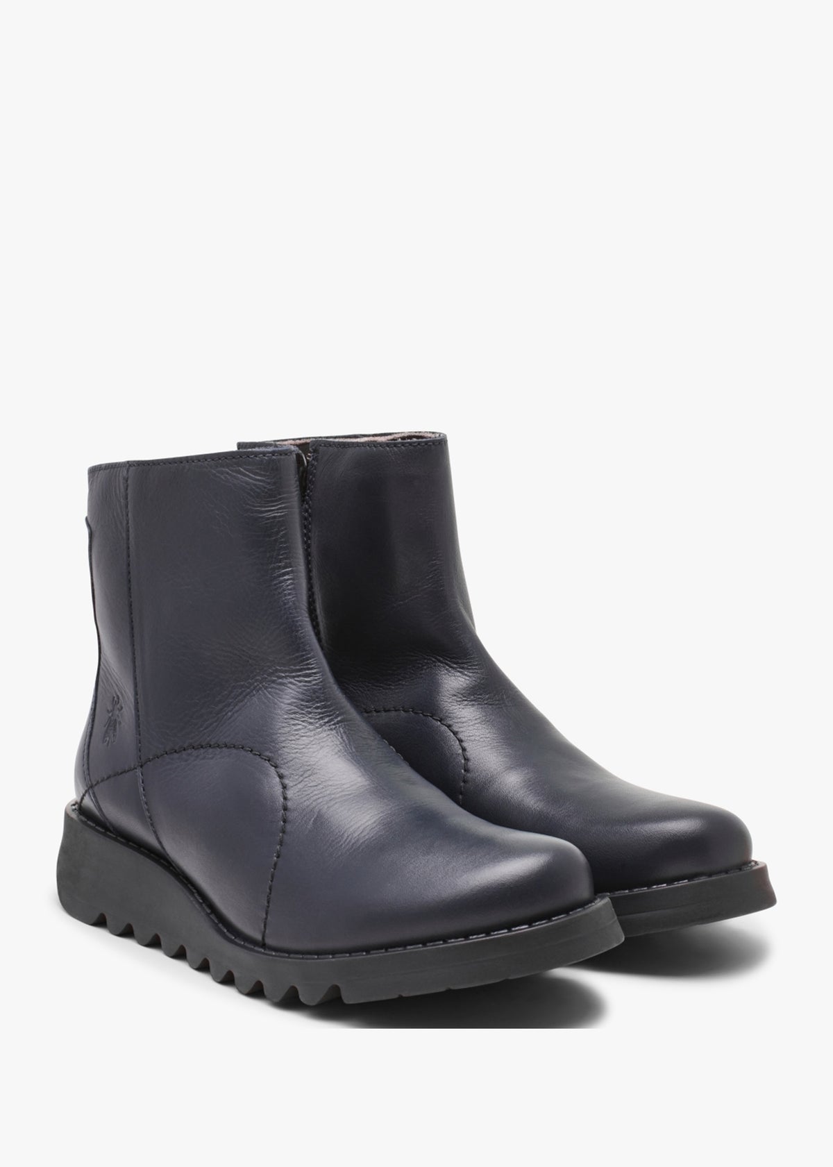 Sagu Navy Leather Low Wedge Ankle Boots