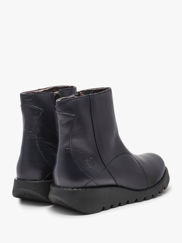 Sagu Navy Leather Low Wedge Ankle Boots