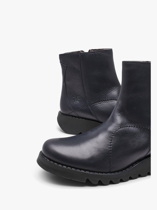 Sagu Navy Leather Low Wedge Ankle Boots
