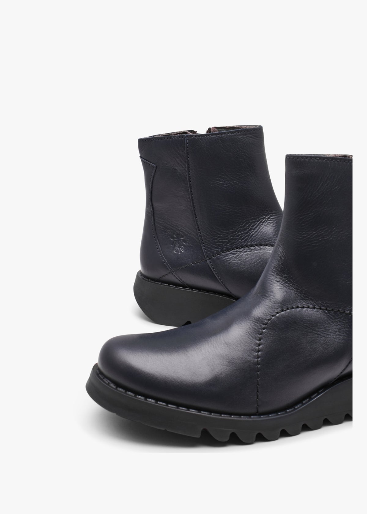 Sagu Navy Leather Low Wedge Ankle Boots