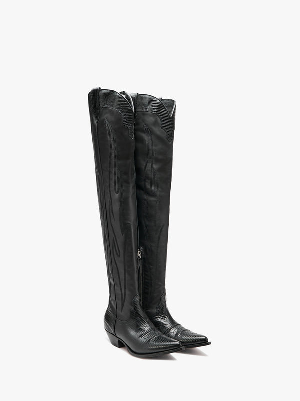 Hermosa Maxi Flower Black Leather Western Over The Knee Boots
