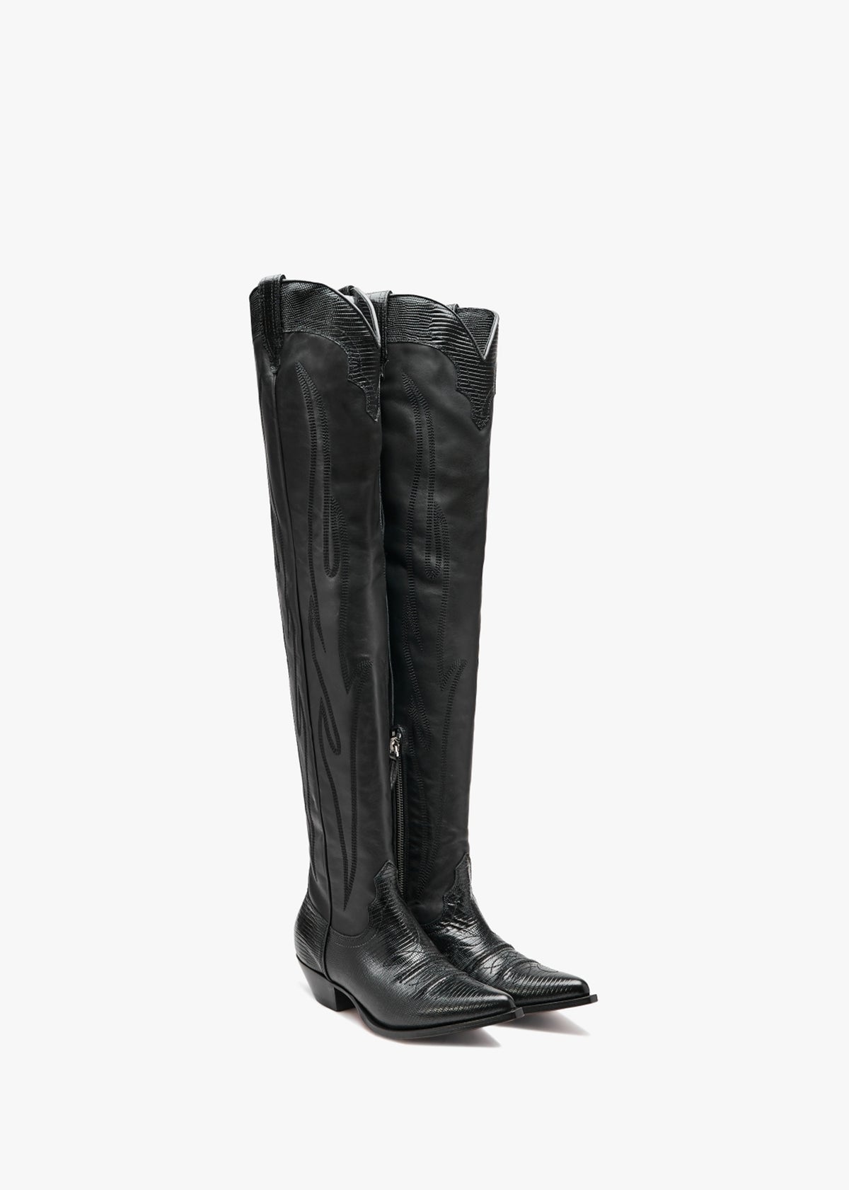 Hermosa Maxi Flower Black Leather Western Over The Knee Boots