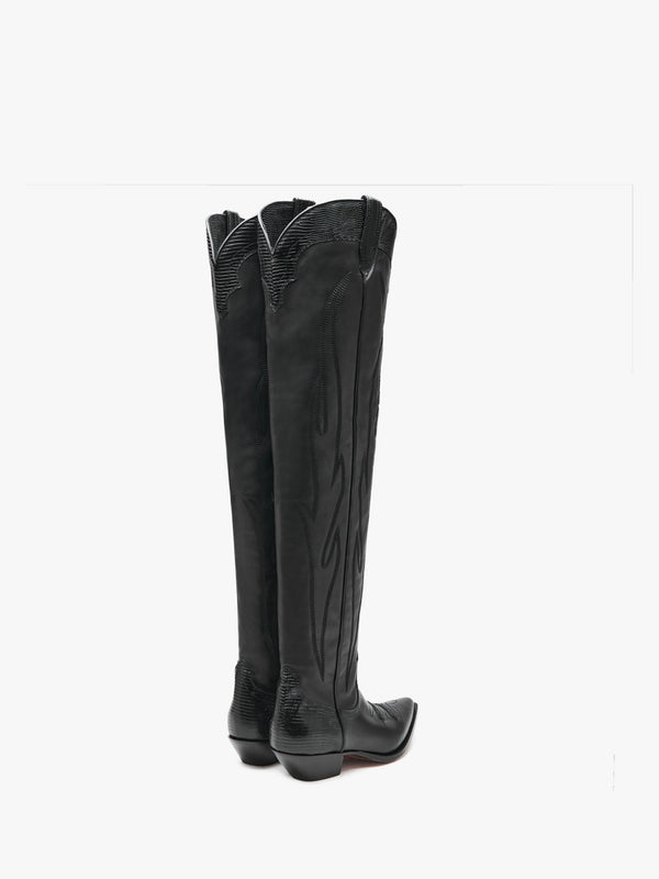 Hermosa Maxi Flower Black Leather Western Over The Knee Boots