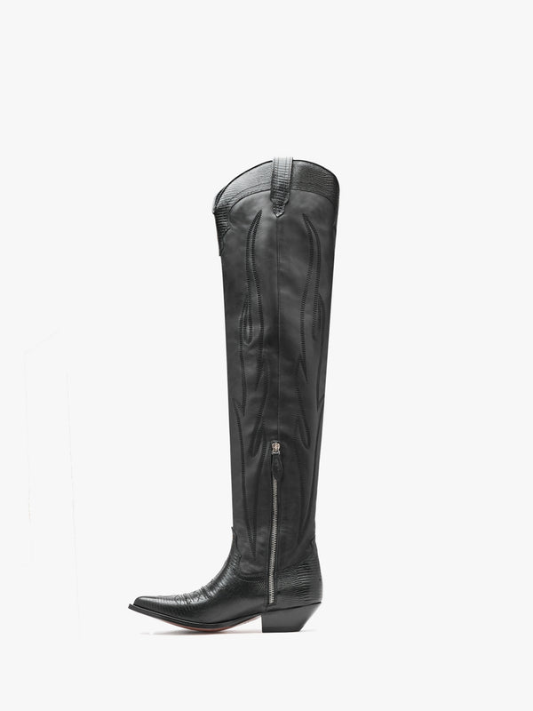 Hermosa Maxi Flower Black Leather Western Over The Knee Boots
