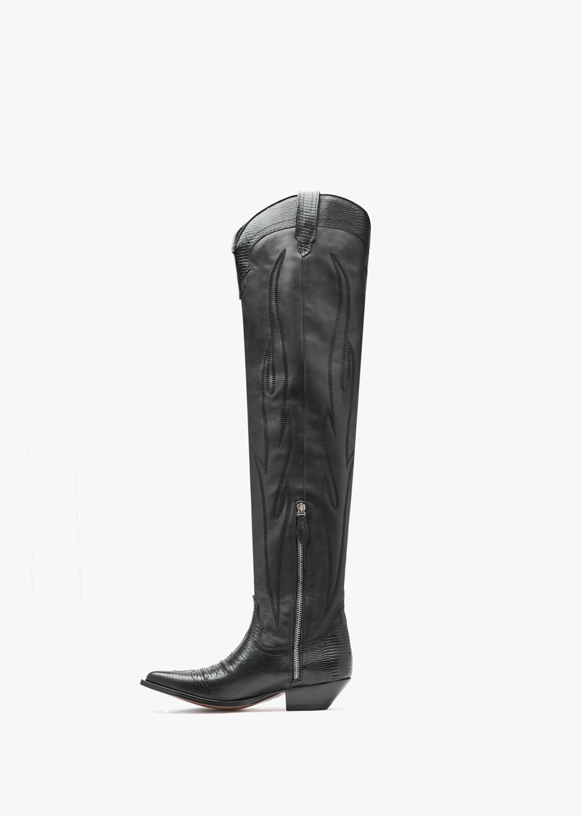 Hermosa Maxi Flower Black Leather Western Over The Knee Boots