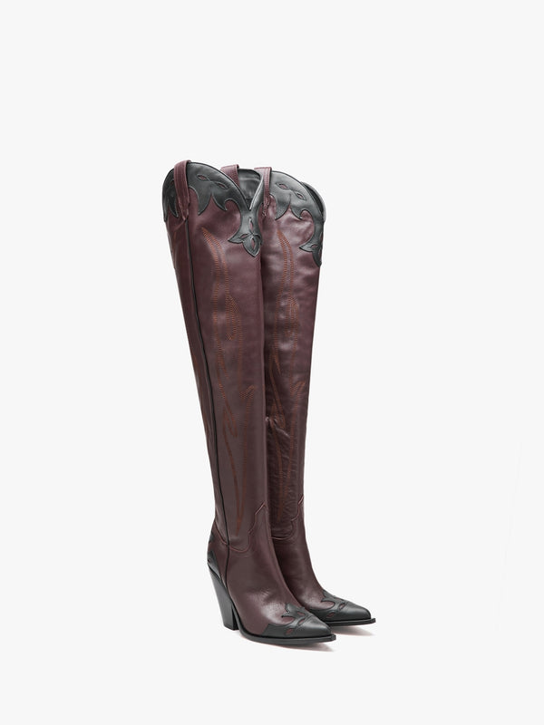 Melrose Black & Burgundy Leather Western Over The Knee Boots