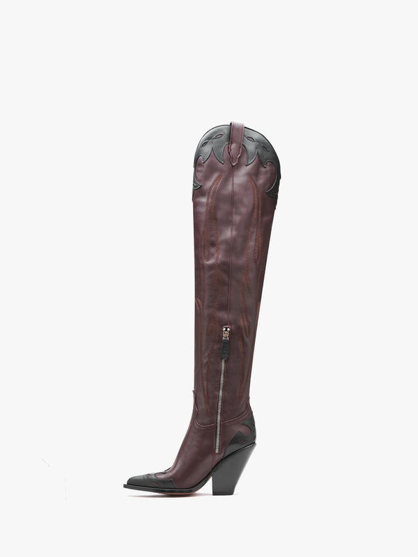 Melrose Black & Burgundy Leather Western Over The Knee Boots