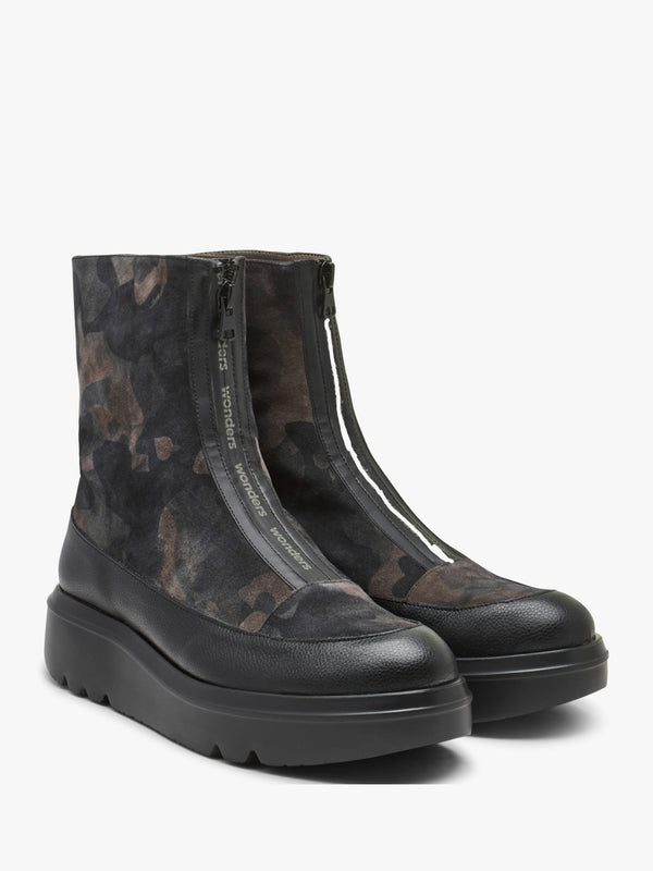 Black Camo Suede & Leather Ankle Boots