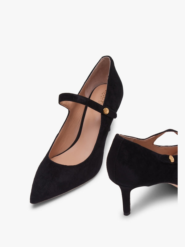 Lanette Black Suede Mar Jane Heeled Pumps