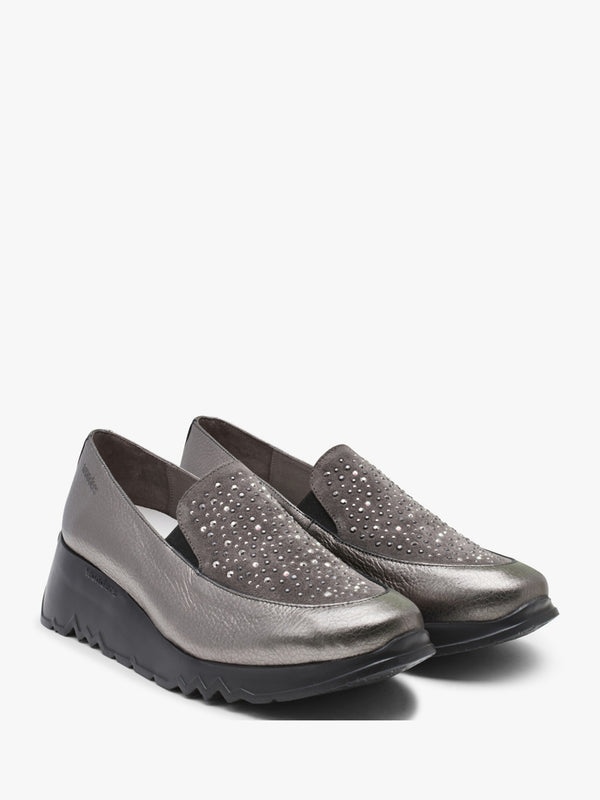 Jewel Pewter Leather Low Wedge Loafers