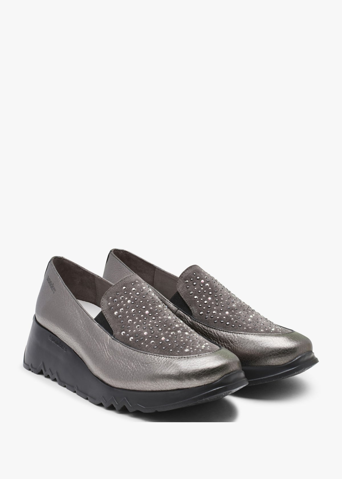 Jewel Pewter Leather Low Wedge Loafers