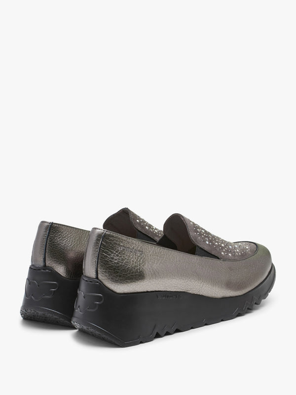 Jewel Pewter Leather Low Wedge Loafers