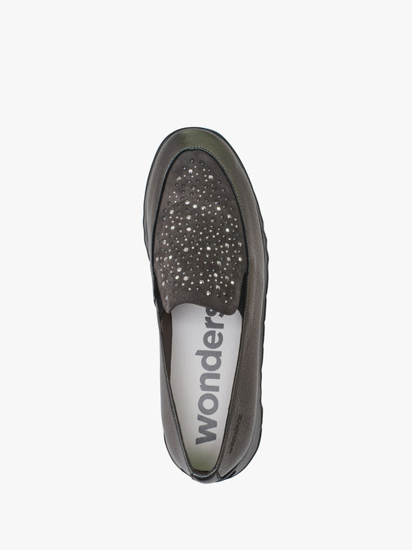 Jewel Pewter Leather Low Wedge Loafers