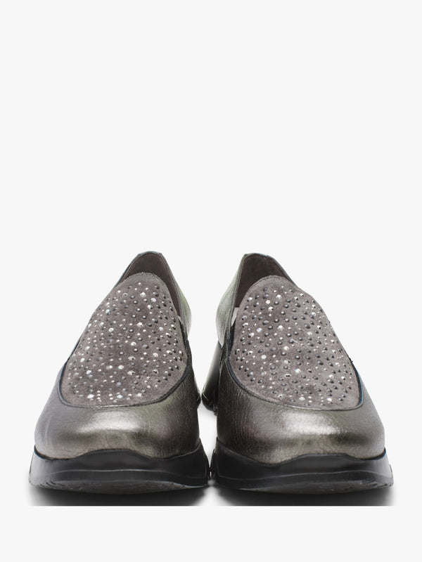 Jewel Pewter Leather Low Wedge Loafers