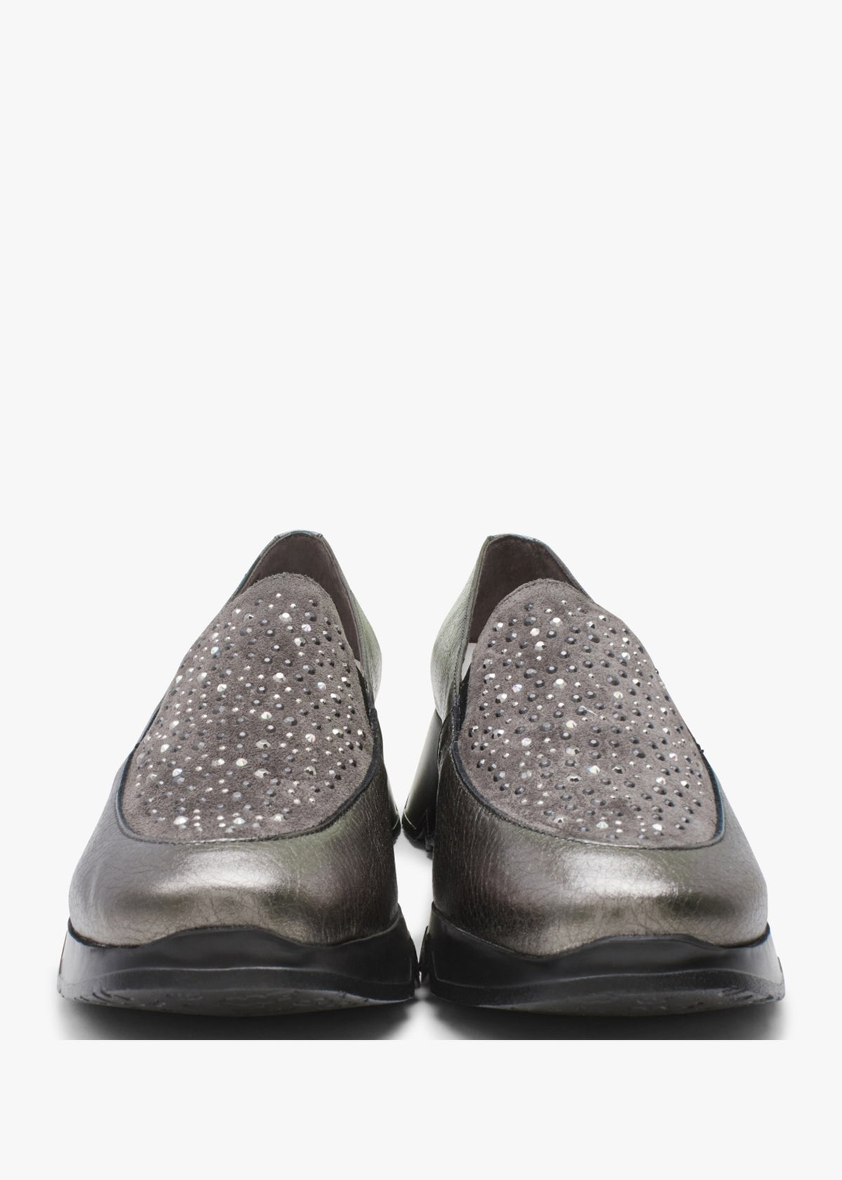 Jewel Pewter Leather Low Wedge Loafers