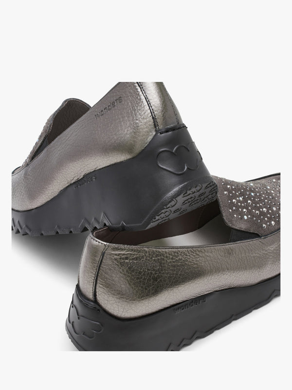 Jewel Pewter Leather Low Wedge Loafers