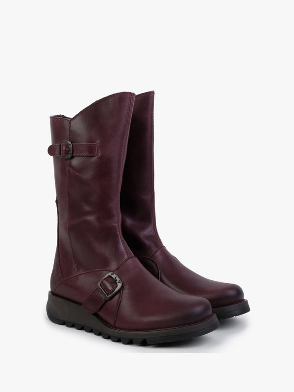 Mes II Purple Leather Low Wedge Calf Boots