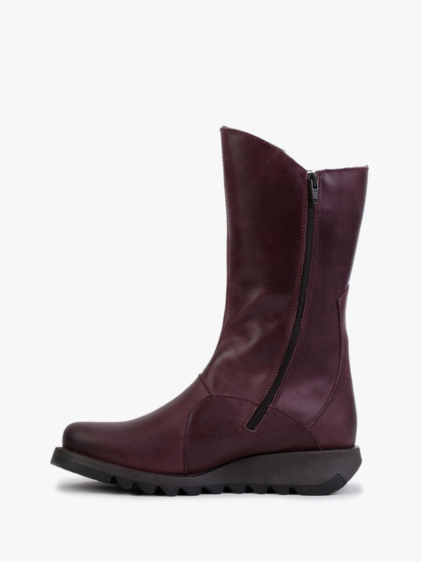 Mes II Purple Leather Low Wedge Calf Boots