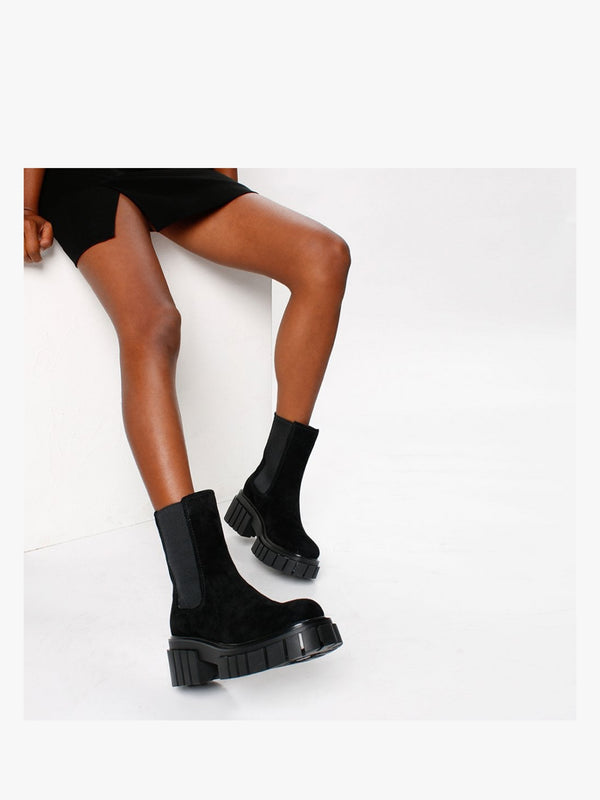 Pleat Black Suede Lug Sole Boots