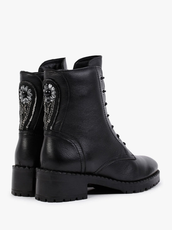 Sazzy Black Leather Embellished Ankle Boots