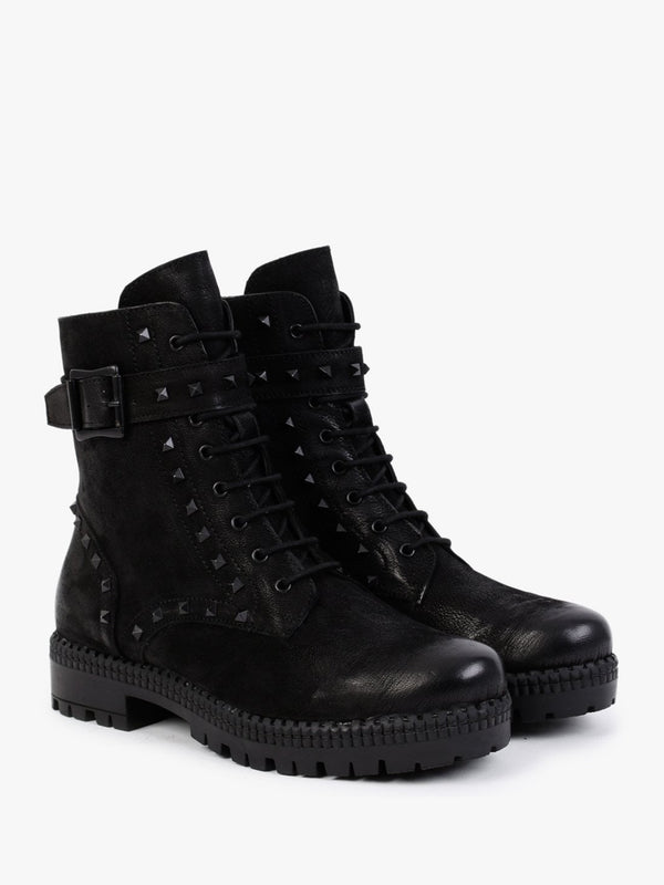Square Black Leather Studded Ankle Boots