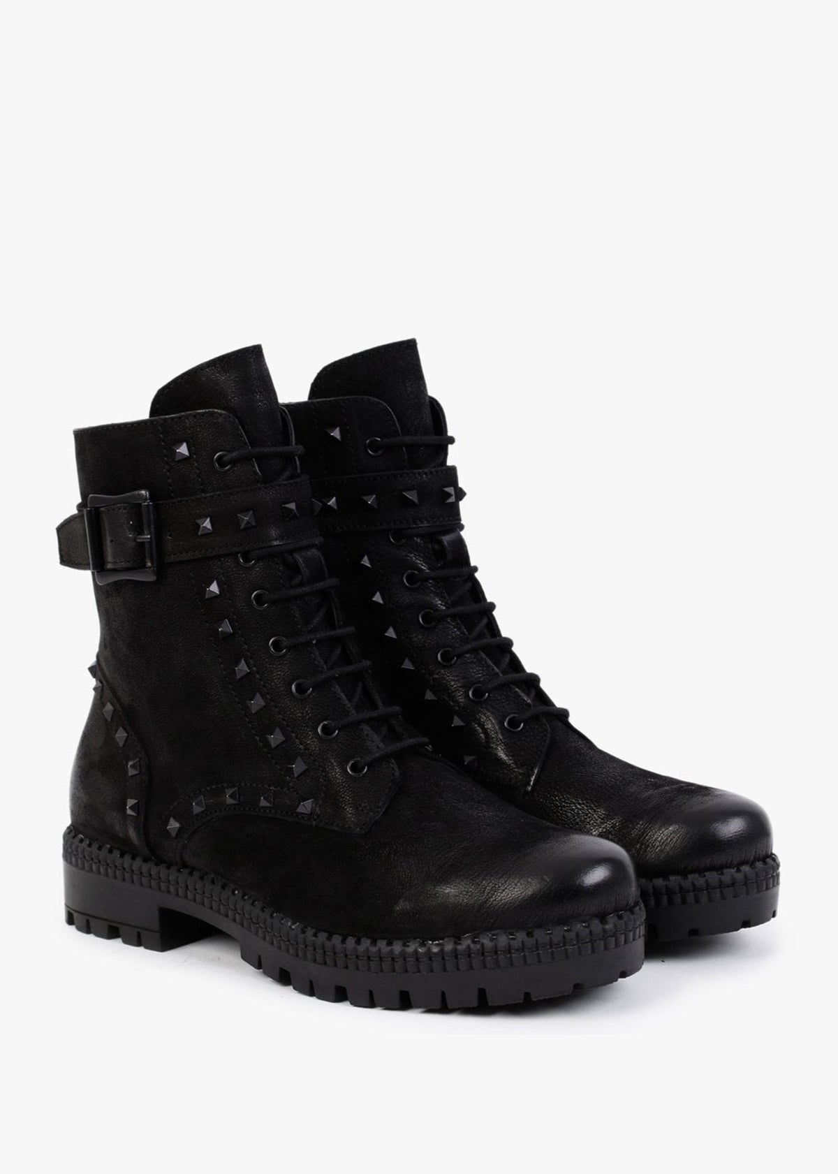 Square Black Leather Studded Ankle Boots