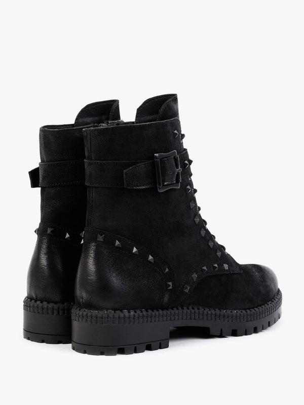 Square Black Leather Studded Ankle Boots