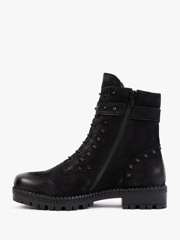 Square Black Leather Studded Ankle Boots