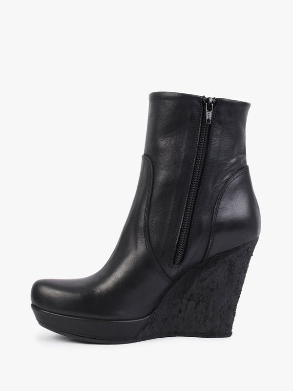 Wisest Black Leather Wedge Ankle Boots