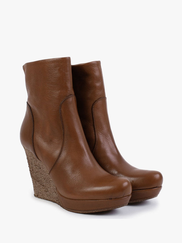Wisest Tan Leather Wedge Ankle Boots