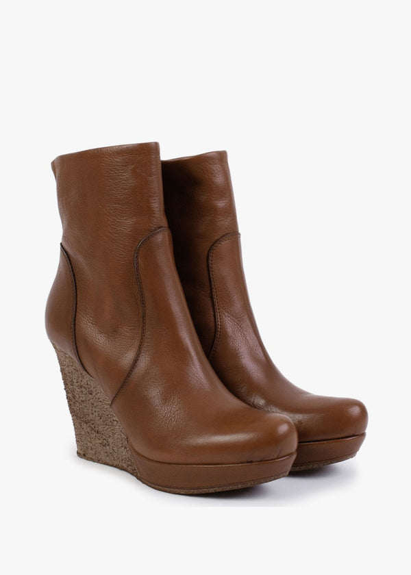 Wisest Tan Leather Wedge Ankle Boots
