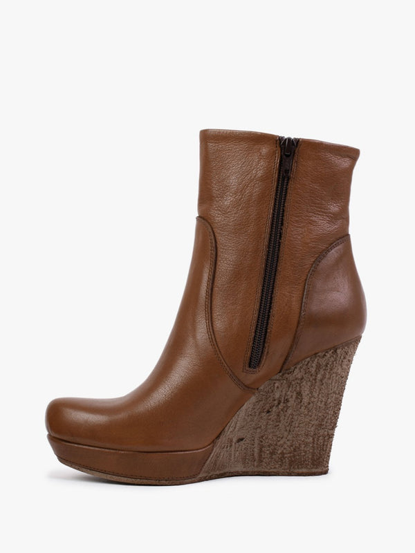 Wisest Tan Leather Wedge Ankle Boots