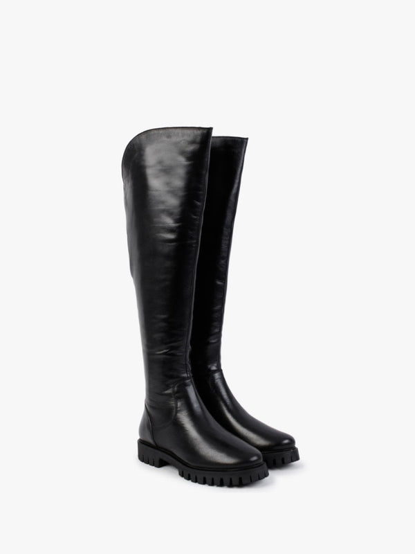 Sicty Black Leather Over The Knee Boots