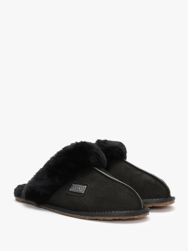 Black Double-Face Sheepskin Closed Mule Slippers