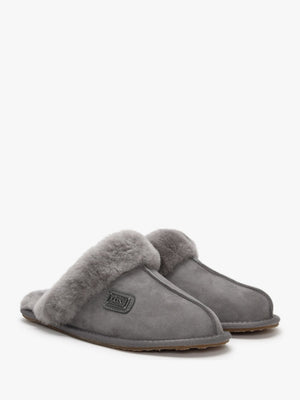 Grey Double-Face Sheepskin Closed Mule Slippers