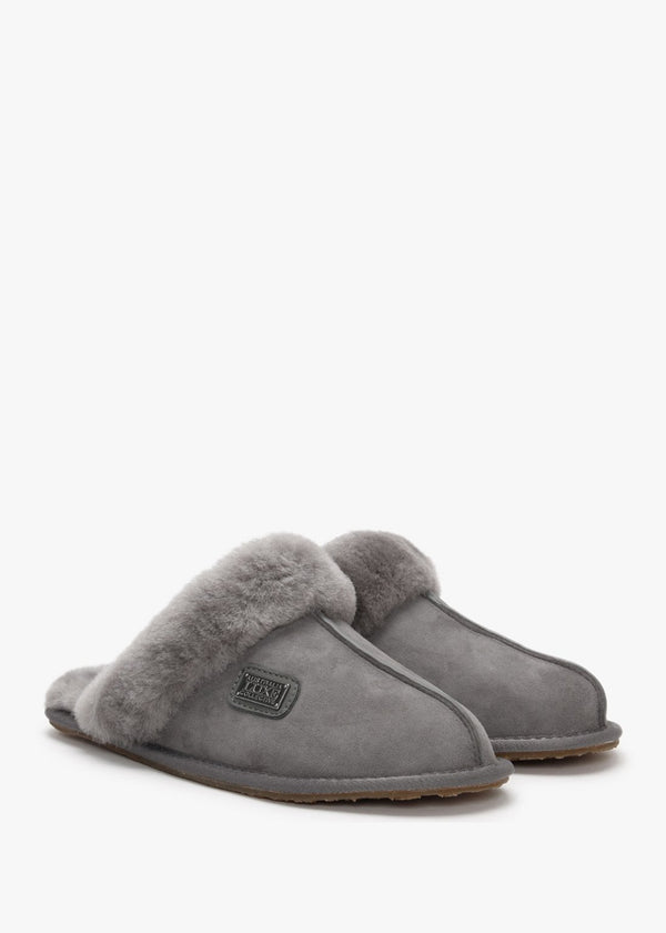 Grey Double-Face Sheepskin Closed Mule Slippers